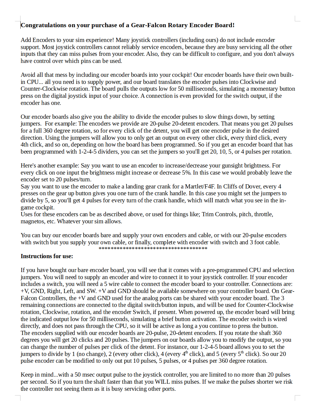 Gear-Falcon Encoder Board With Encoder, 20 Pulses 20 Detents/Rotation, With Switch, Pack of 2 ***Now includes 3D printed knobs!